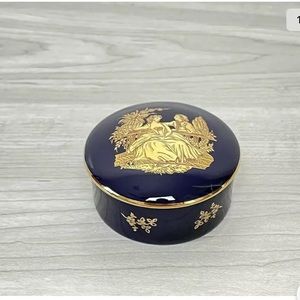Limoges Castle France 22K Gold Gilded Cobalt Blue "Pour Toujours” Trinket Box